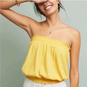 Anthropologie Yellow Smocked Strapless Tube Top XS Seersucker Blouson Summer